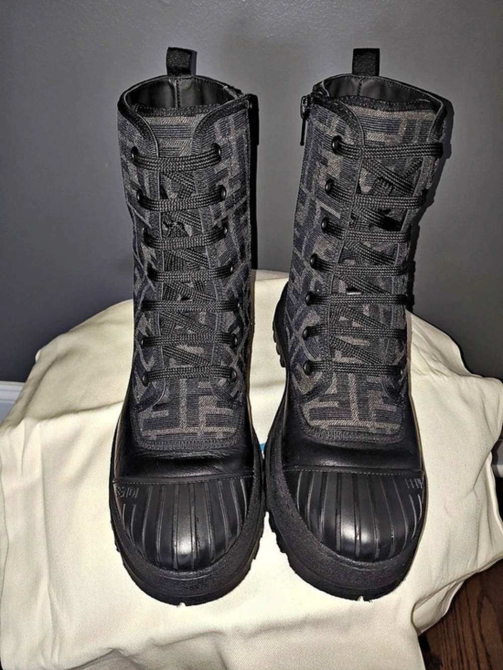 Authentic Fendi FF Jacquard Combat Boots Black & Gray Womens/girls EU 36